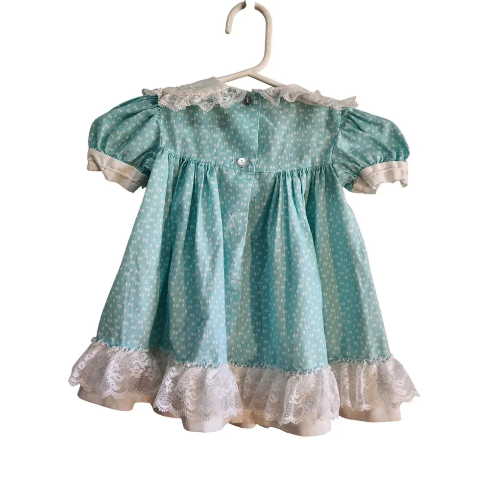 Vintage Winnie The Pooh Girls Dress 2T Light Blue Polka Dot Lace Trim USA‎ Made